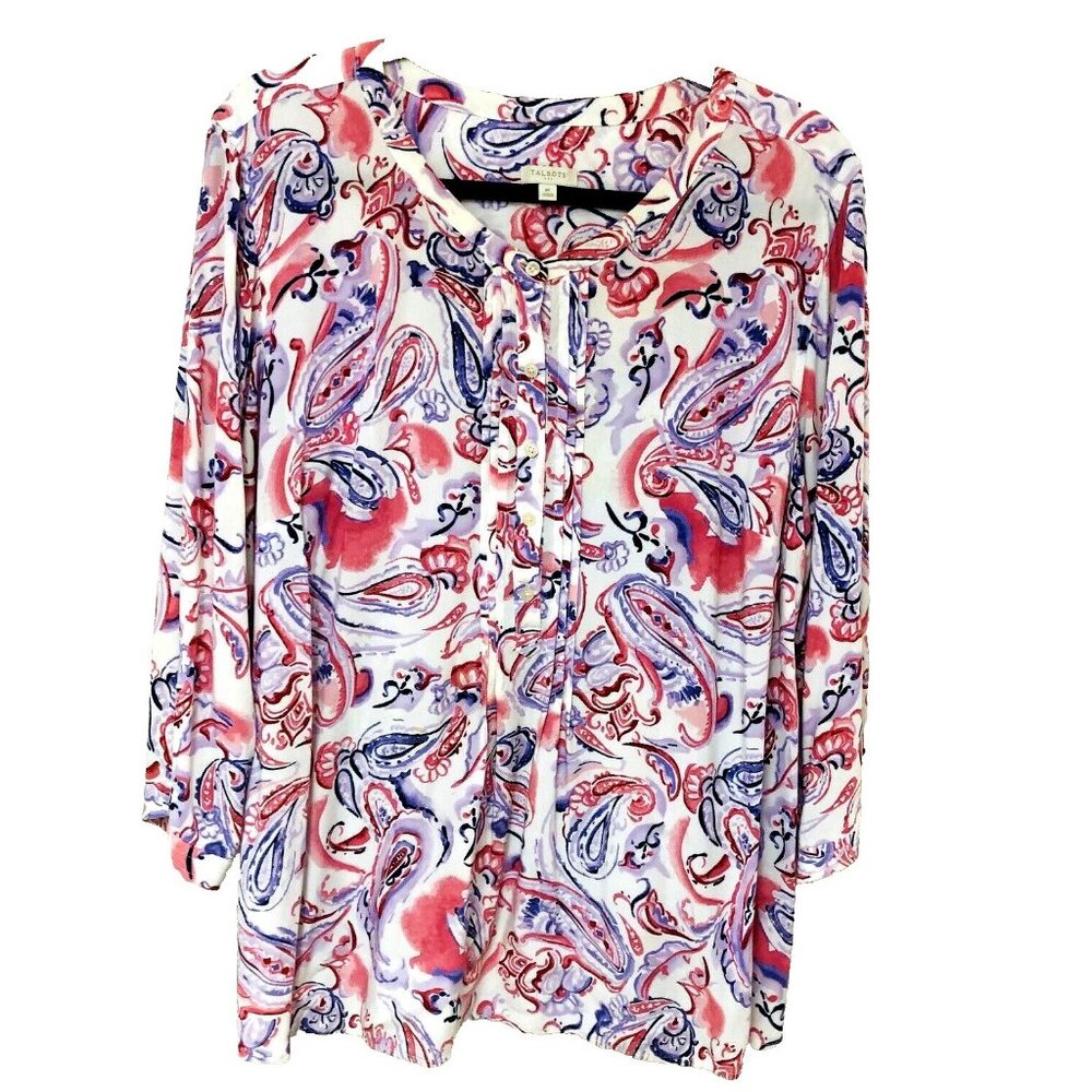 Talbots Tunic Popover Top Women XL 3/4 Feminine Pintuck Coral Purple Abstract